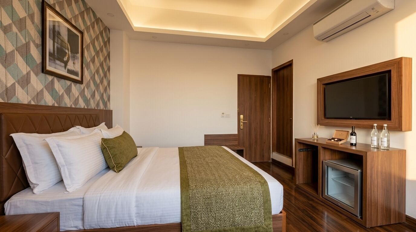 A hotel room with a bed, a TV, a minibar, and a wooden wardrobe.