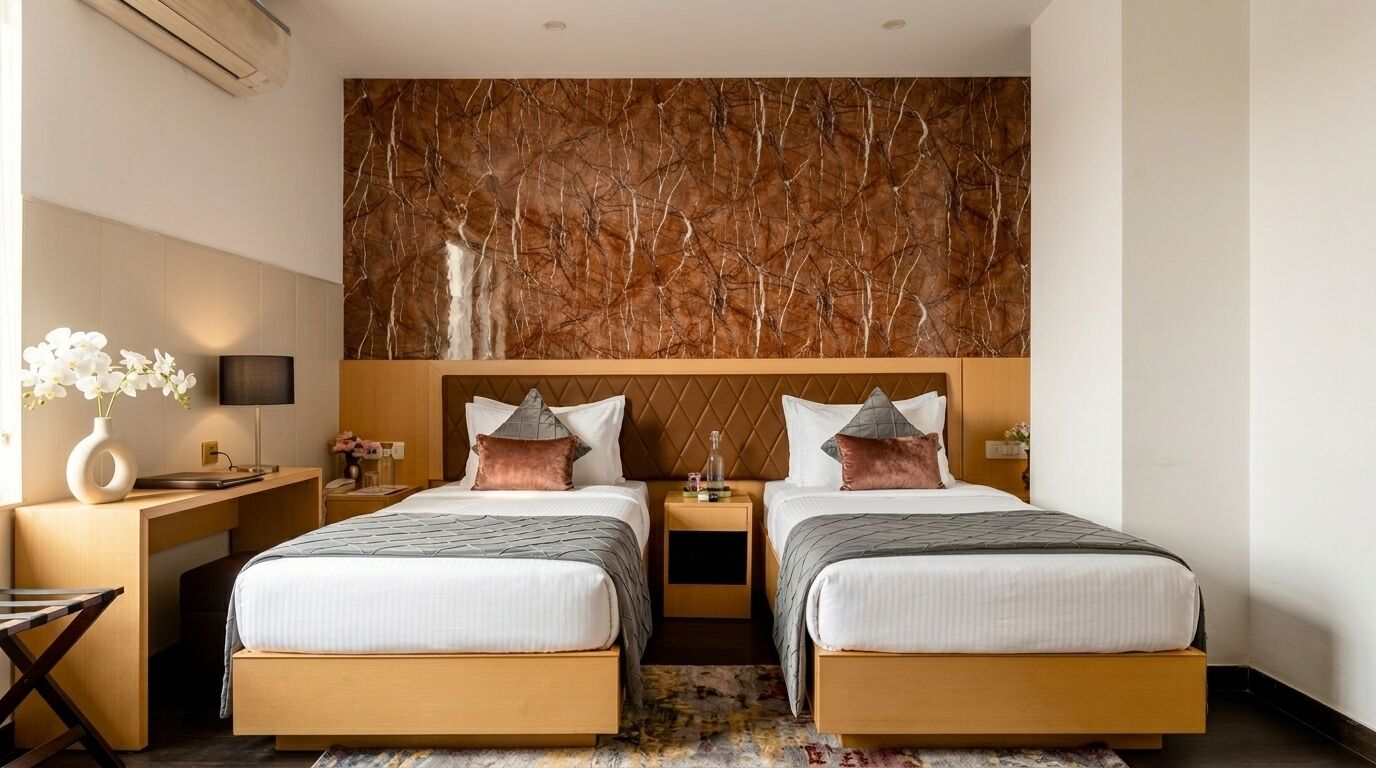 A hotel room with two beds, a marble wall, a desk with a lamp, and a small table with flowers.