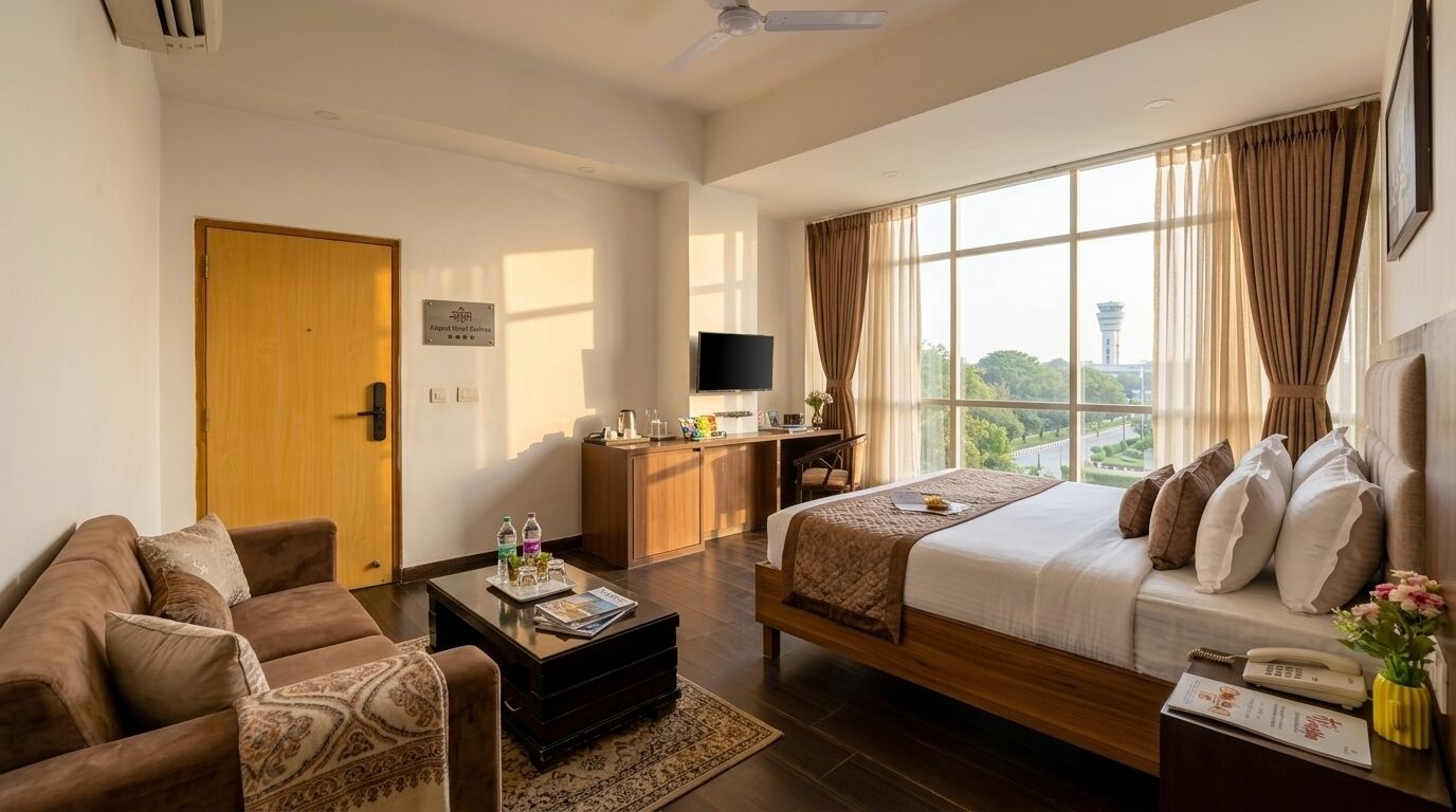 Habitación de hotel con cama, sofá, mesa de centro, televisión y vista a la ciudad.