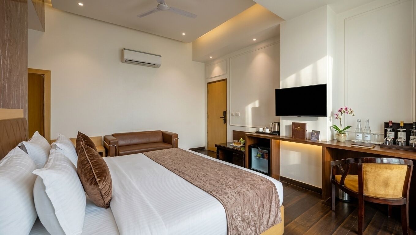 Habitación de hotel con cama, escritorio, televisión y minibar.