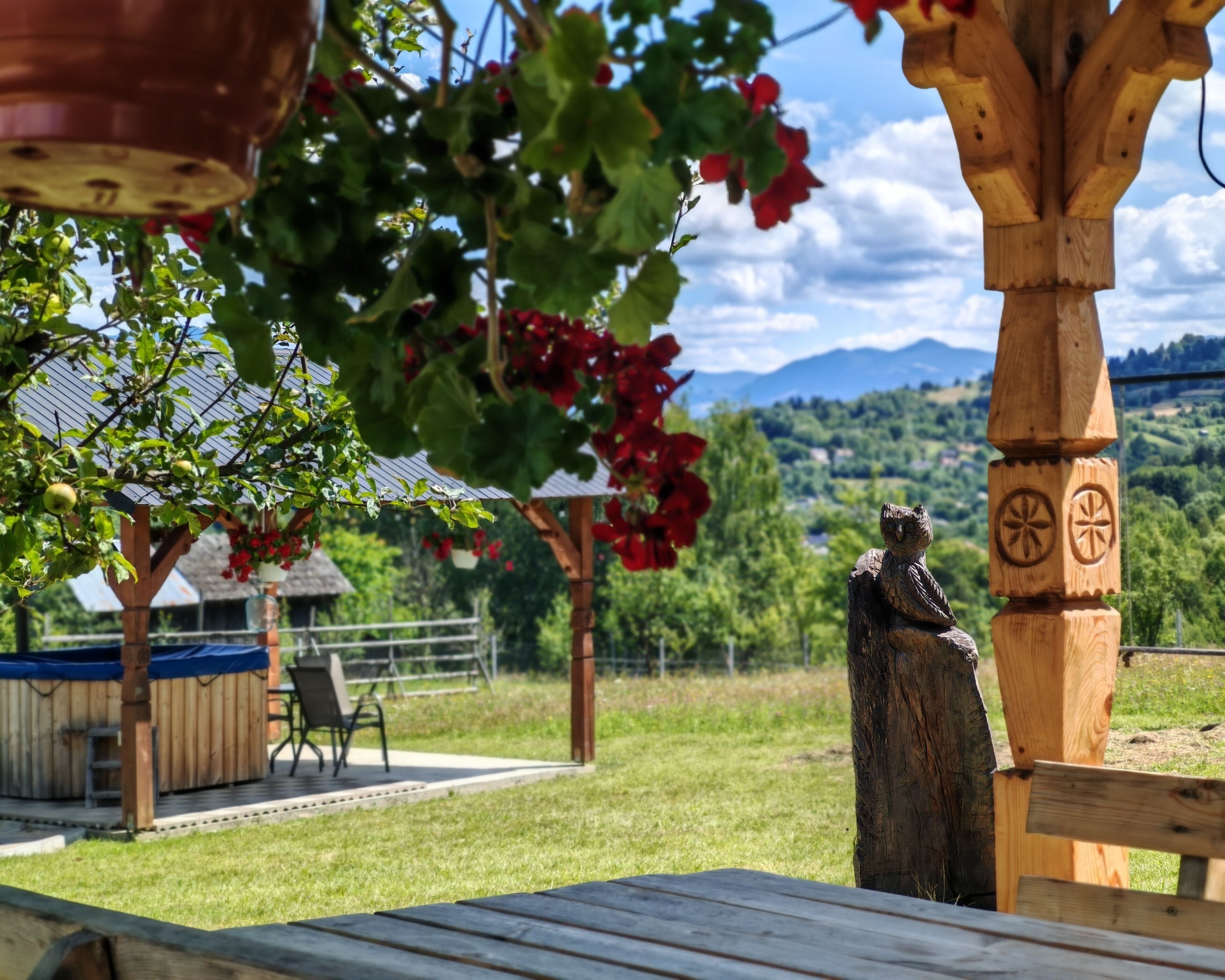Un banc en bois, une sculpture rustique en bois et une vue sur un paysage montagneux.