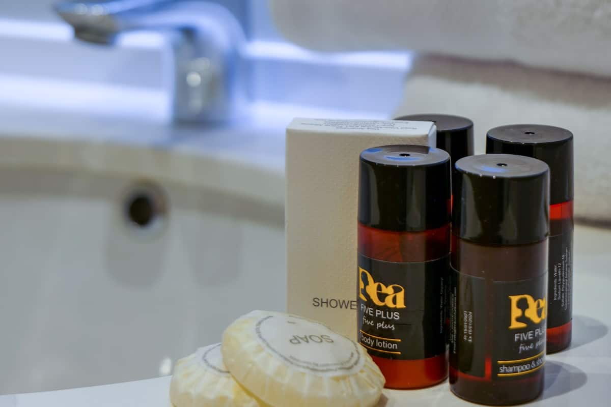 free toiletries, hair dryer, slippers, towels