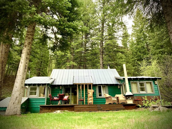 A rustic cabin with a metal roof, surrounded by tall trees. - Pet Friendly Quiet Cabin with Privacy, Hot Tub, and Backcountry Access. (Ketchum)