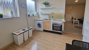 Une cuisine compacte équipée d’un lave-linge, d’un four et d’un évier. Une fenêtre laisse entrer la lumière, et une plante est posée sur le rebord. Une horloge est accrochée au mur.