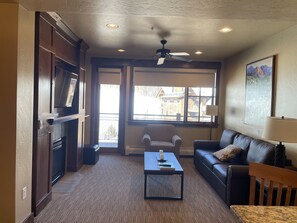 Télévision, cheminée, lecteur de DVD, vidéothèque