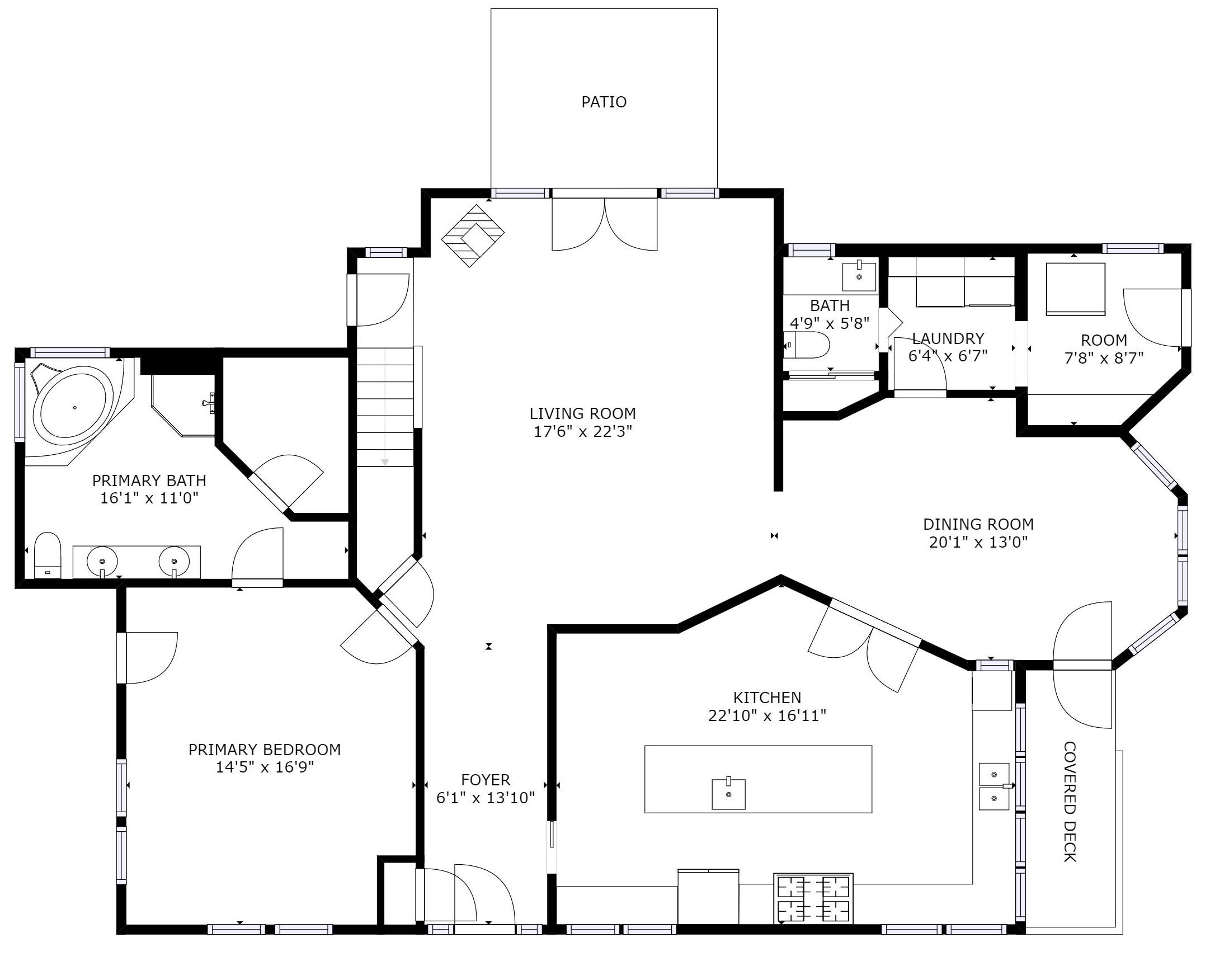 En planritning över ett hus med vardagsrum, matsal, kök, huvudsovrum, huvudbadrum, entréhall, uteplats och en inglasad veranda.