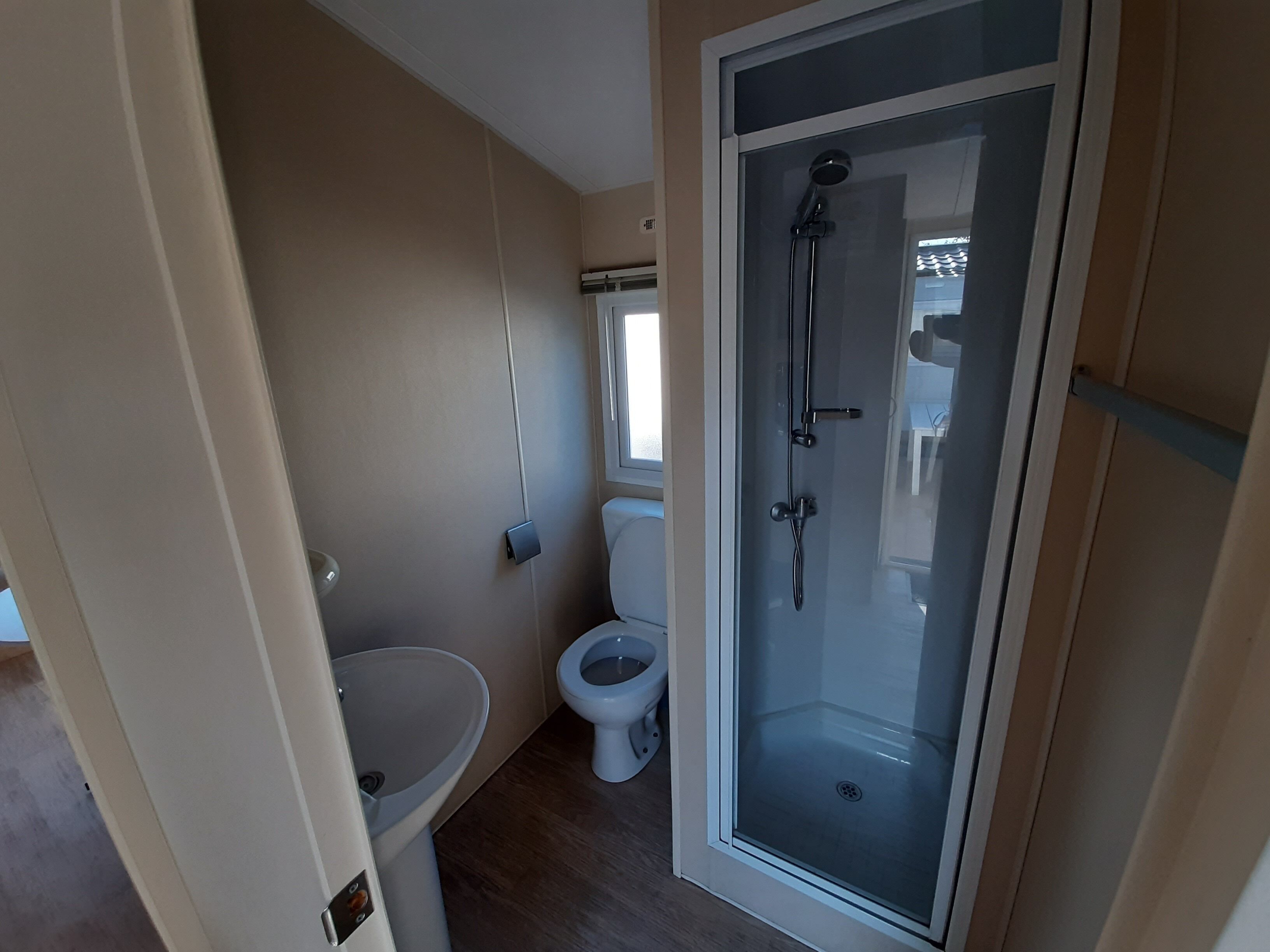 Shower, towels, toilet paper