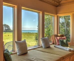 Enjoy a serene view of the ocean and grassy field from this room's large window.