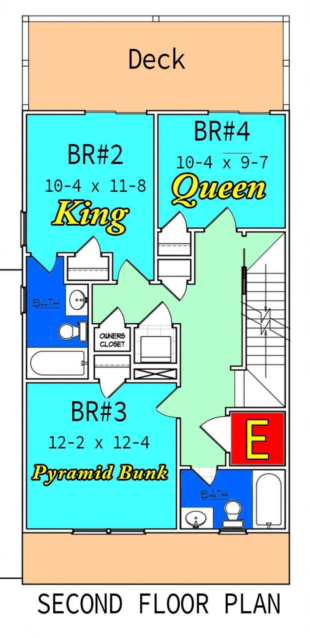 Plano de la segunda planta con habitaciones etiquetadas como BR#2 (King), BR#3 (Cama Pirámide), y BR#4 (Queen), incluyendo un baño y armario del propietario.