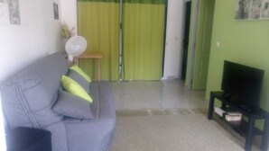 A living room with a grey sofa, a small table, a fan, and a TV on a stand. - SUBLIME F2 ANY COMFORT (Les Saintes)