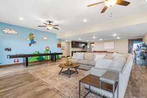Smart TV, fireplace, video games, table football