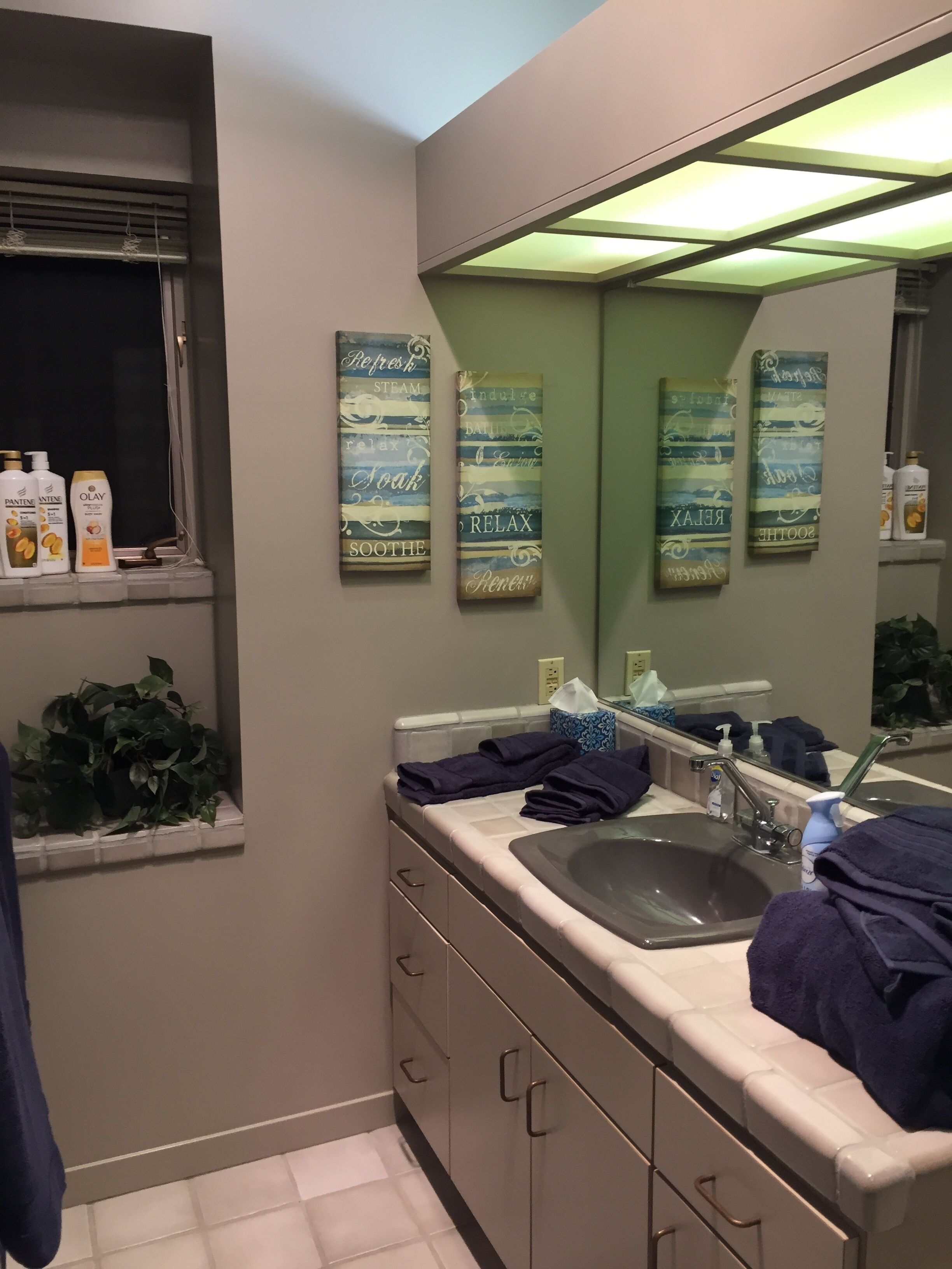 A bathroom with a large mirror, a sink, and a window with blinds. There are three framed artworks on the wall, a potted plant, and toiletries on the counter.