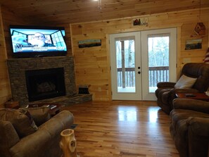 Smart TV, fireplace, DVD player, books
