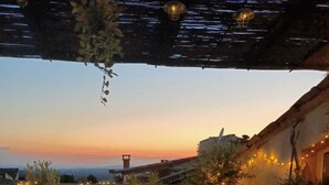 Una terrazza con un tavolo, piante pensili e luci decorative.