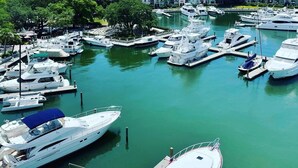 A marina with multiple yachts docked, surrounded by lush greenery and a multi-story building with a red roof in the background. - Lagoon Views & Steps to the Beach/Coligny Plaza! (Hilton Head Island)