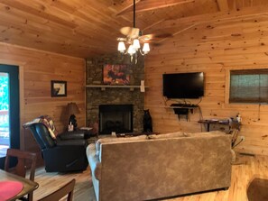 Smart TV, fireplace, DVD player, books