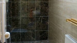A bathroom with a shower, toilet, and a radiator. - Beautiful house with garden that runs down to the sea (Cashel)