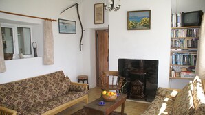 A living room with a sofa, a coffee table with fruit, a fireplace, a bookshelf, and a television. - Beautiful house with garden that runs down to the sea (Cashel)