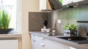 A modern kitchen with a built-in stove, white cabinets, and a window with a view of greenery. - "Waldblick" - 90 m² oasis of tranquility: Modern design & 2 bathrooms (Bad Sachsa)