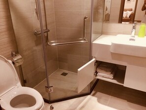 Shower, hair dryer, soap, shampoo