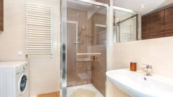 Shower, hair dryer, towels, shampoo
