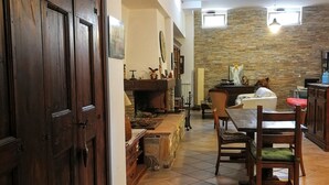 Een ruime woonkamer met een open haard, houten meubels en een accentmuur van steen.