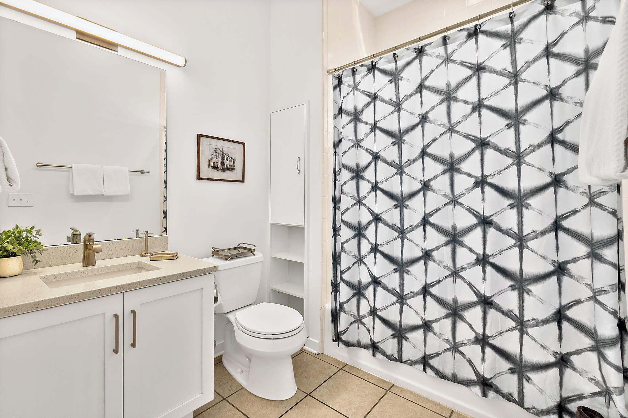 A bathroom with a white sink, a toilet, a shower curtain with a geometric pattern, and a framed picture on the wall.