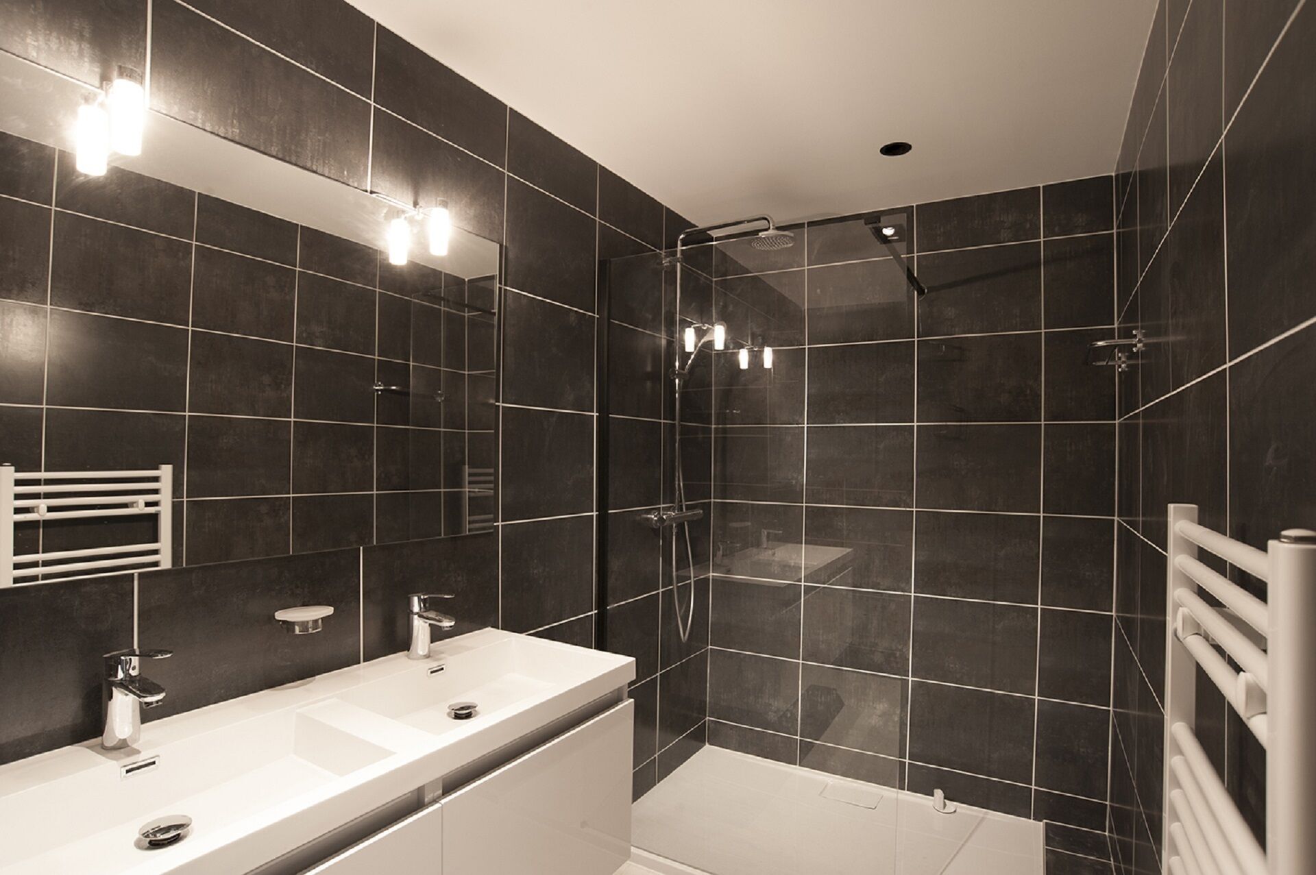 Shower, hair dryer, soap, shampoo