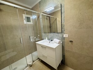 Shower, hair dryer, towels
