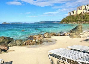On the beach, sun-loungers, beach towels - Villa Bali - Waterfront Villa - 100% Brand New!!  (St. Thomas, USVI)