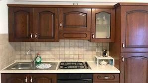 冷蔵庫、オーブン、コンロ、調理器具と食器