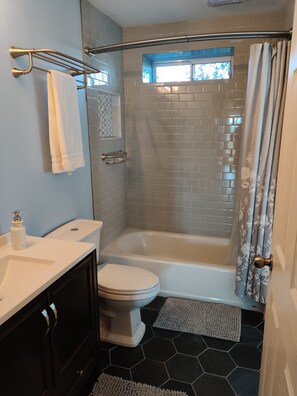 Combined shower/bathtub, hair dryer, towels, soap - Viewtopia - New Hot Tub with Amazing Views on 160+ acres (Rock Spring)