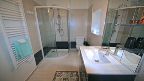 A modern bathroom with a glass-enclosed shower, a white sink, and a toilet. - Le Moulin du Pont - The Mini Suite + Extra room + The large room 5 pers (Berneuil)