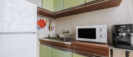 Fridge, microwave, oven, cookware/dishes/utensils