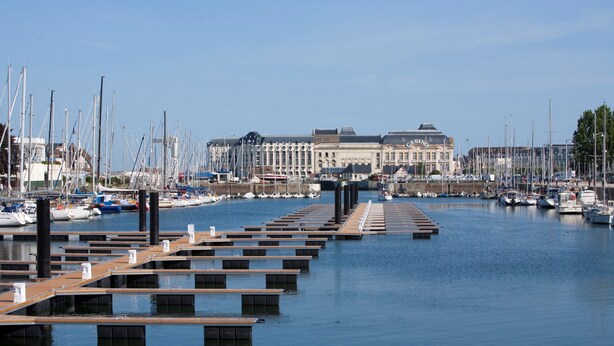 Una marina con varios muelles y barcos, un edificio grande al fondo y agua tranquila.