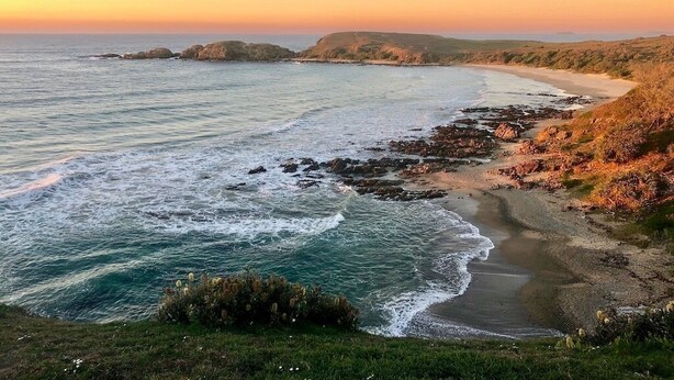 Un paisaje costero con playa, costa rocosa y vegetación.