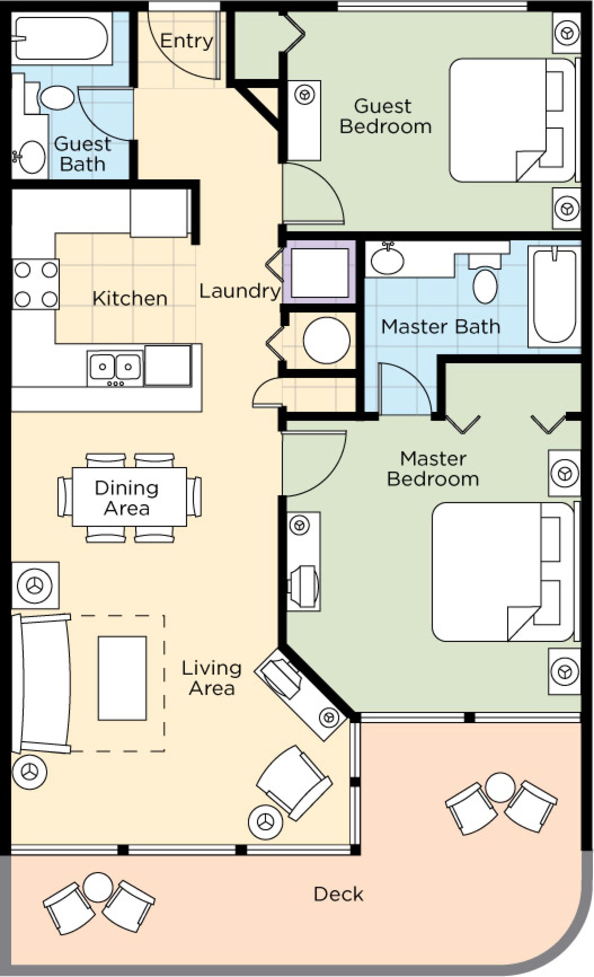 Plano de planta que muestra un dormitorio de invitados, dormitorio principal, cocina, baño principal, baño de invitados, comedor, sala de estar y terraza.
