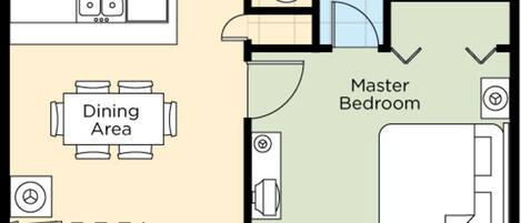 A floor plan with a guest bedroom, master bedroom, kitchen, master bathroom, guest bathroom, dining area, living area, and deck.