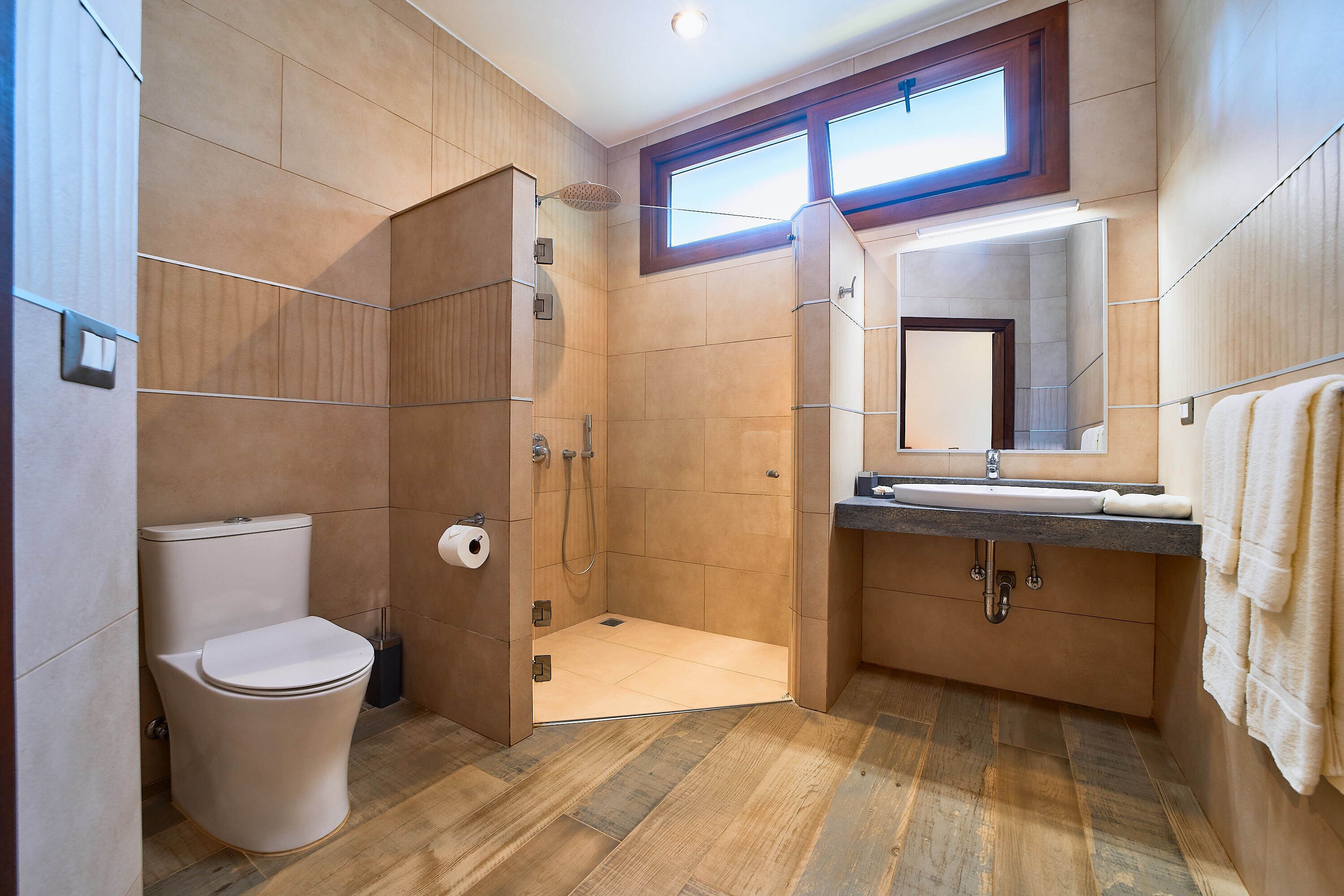 deluxe double room | bathroom | shower, free toiletries, hair dryer, towels