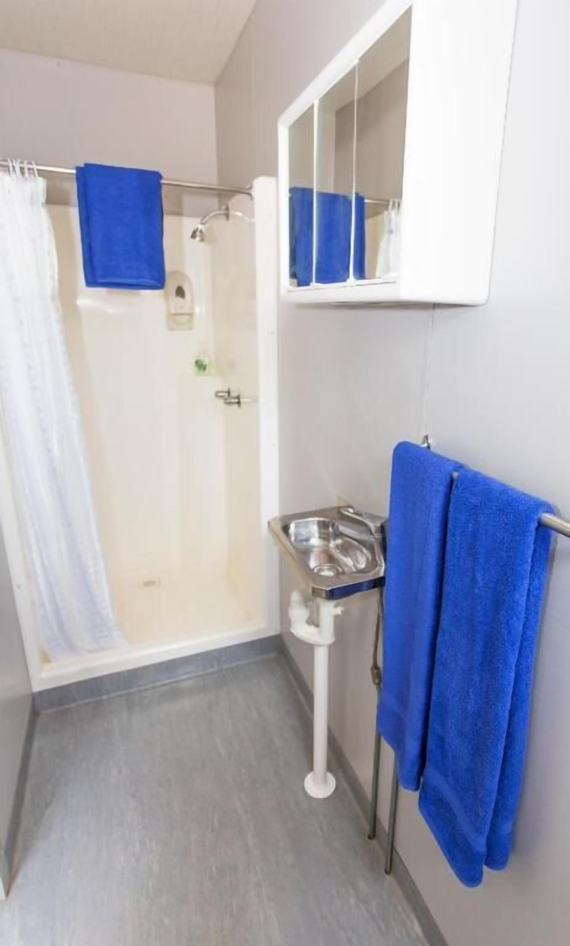 Ein Badezimmer mit Dusche, Waschbecken und Spiegel.