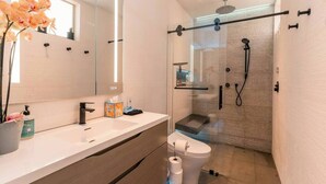 A modern bathroom with a glass-enclosed shower, a large mirror, and a white sink. - Cheerful Suite w/ Garden, Steps from Dolores Park (San Francisco)