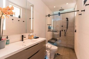 Combined shower/tub, hair dryer, towels, soap