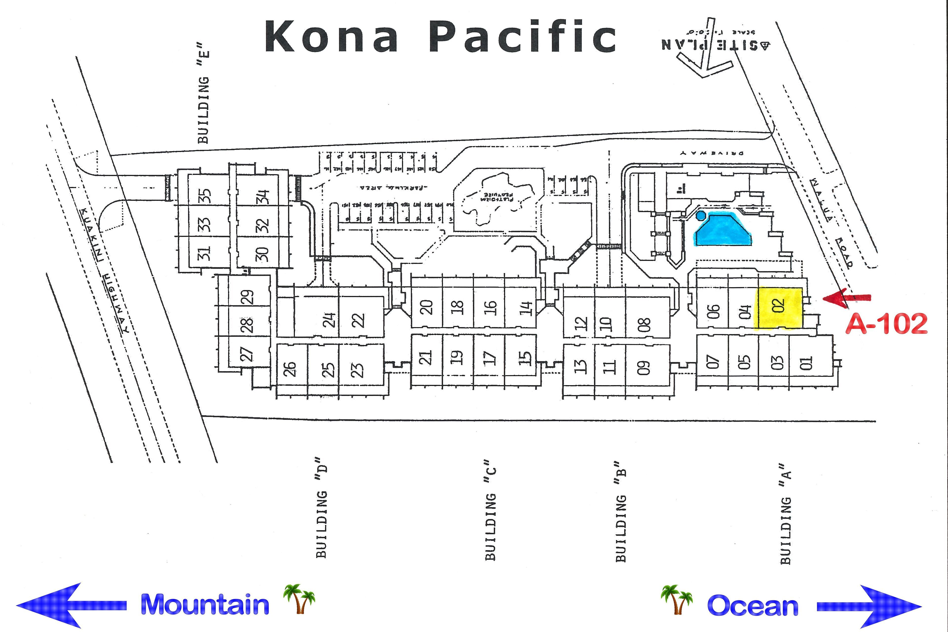 A floor plan of Kona Pacific with labeled buildings and a pool area.