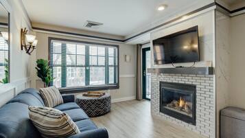 Smart TV, fireplace, foosball