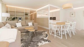A modern living room with a sofa, coffee table, zebra rug, and a dining area with white chairs and a wooden table. - Brunet I | The Rentals Collection (San Sebastián)