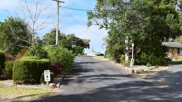 A residential street with a speed limit sign of 8 KPH, surrounded by trees and houses.