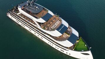 A large, multi-deck cruise ship with a spacious upper deck, a dining area, and a helipad.