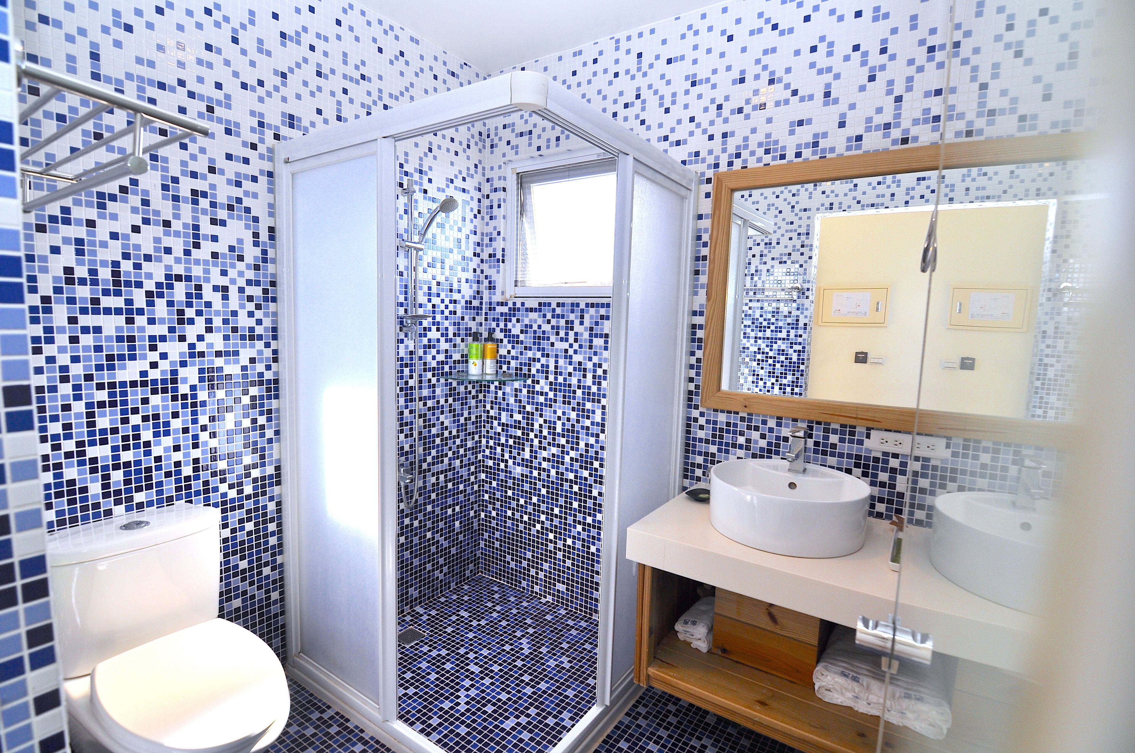 A bathroom with a shower enclosure, a toilet, and a sink with a mirror.