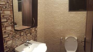 Combined shower/bathtub, hair dryer, towels, soap