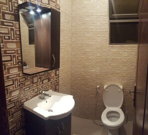 Combined shower/bathtub, hair dryer, towels, soap